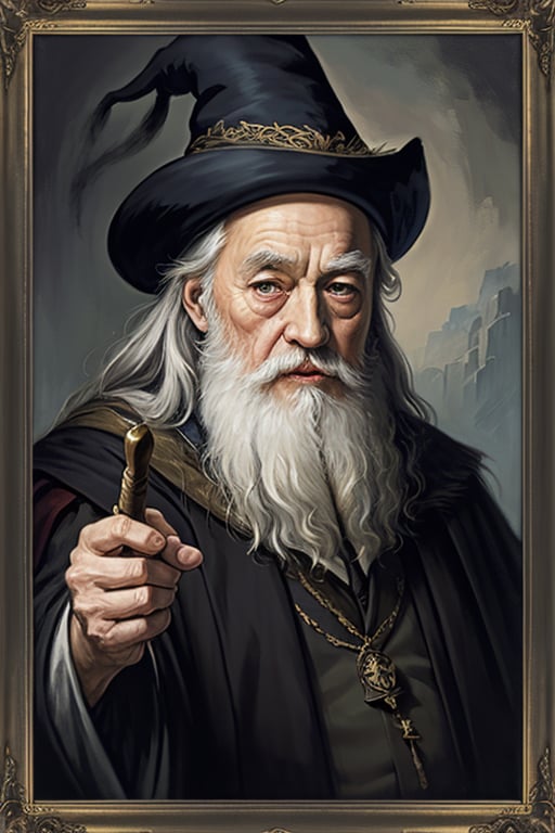 masterpiece, (Albus Dumbledore), grey hair, old man with grey beard, grey wizard hat, best quality, oil painting style, golden frame