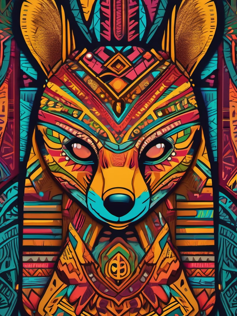A symble of African totem, (Meerkat), magical creature, ((tribal art)), ((folklore)), vibrant colour, intricately detailed, the design incorporates geometric patterns and (bold linework) to create a striking and powerful composition, dark background, 8k,screen photo of iphone, (no central symmetry), high_res, masterpiece