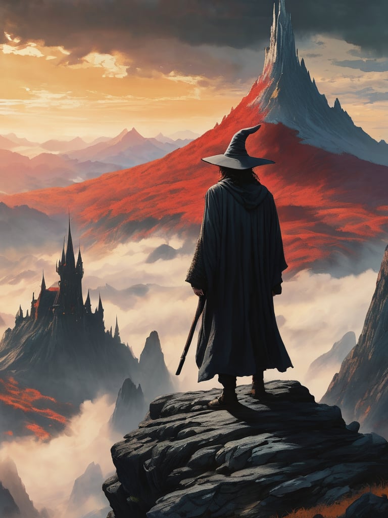 In the foreground of the image, a wizard in a grey robe stands on the edge of a cliff, with a wide wizard hat, next to him stands a short hobbit with curly red hair, epic scene, irregular mountain range, 80s poster, Vintage poster, clouds, (dawn), (huge army under the mountain), ((Lord of the Rings)) movie, ultra-high definition, cinematic quality, masterpiece, high_res, extremely detailed, (bright), behind the mountain the sky is gloomy where is Dark Tower of Sauron 