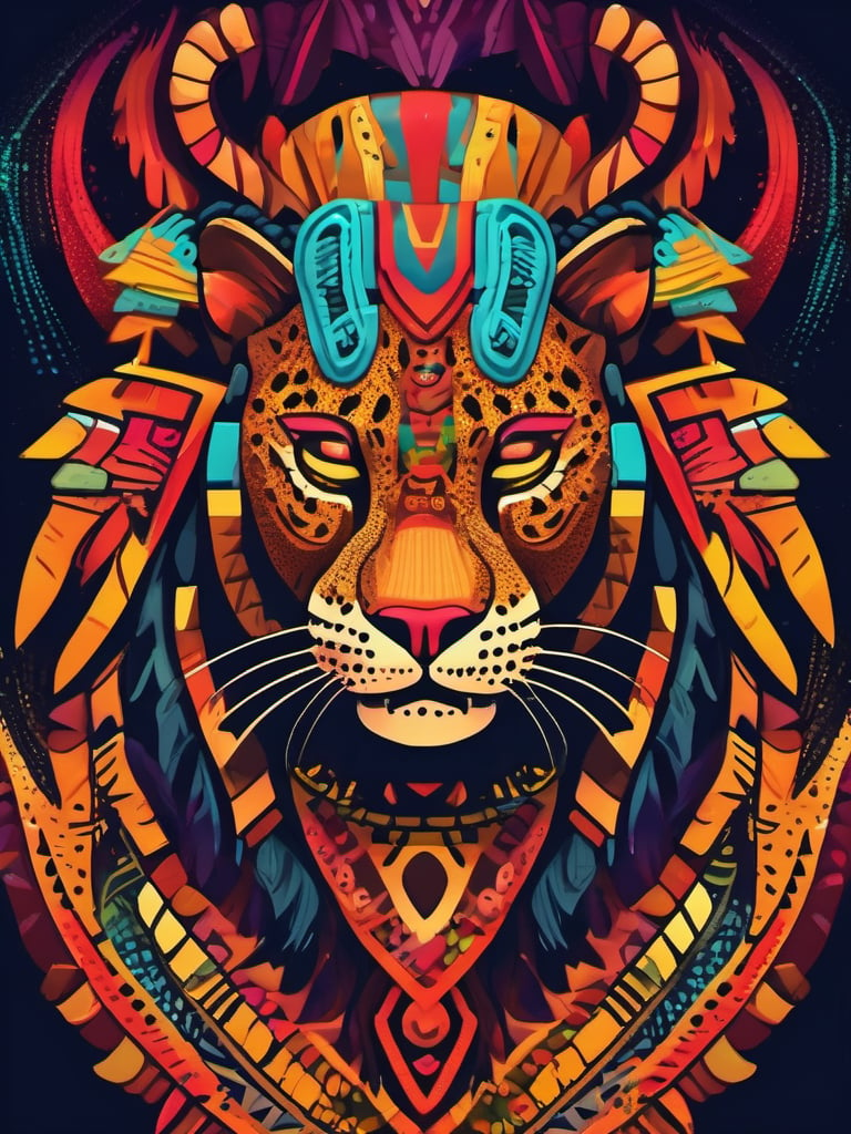 A symble of African totem, (leopard), magical creature, ((tribal art)), ((folklore)), vibrant colour, intricately detailed, the design incorporates geometric patterns and (bold linework) to create a striking and powerful composition, dark background, 8k,screen photo of iphone, (no central symmetry), high_res, masterpiece