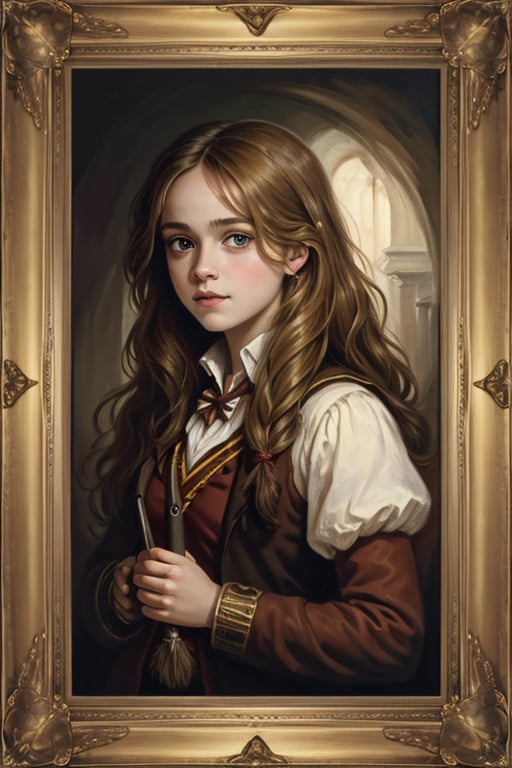 masterpiece, (Hermione Granger), blonde hair, young woman, best quality, oil painting style, golden frame