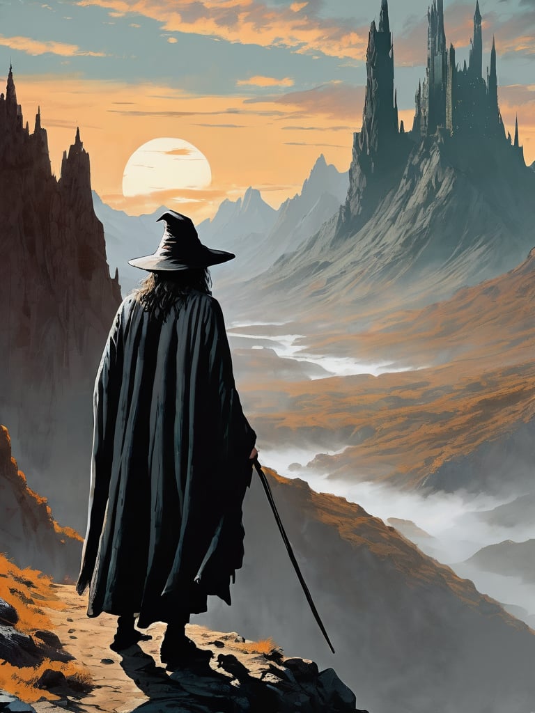 (Gandalf grey robe stands on the edge of a cliff in the foreground, with a wide wizard hat), epic scene, irregular mountain range, (80s poster, Vintage poster), clouds, (dawn), ((huge army under the mountain)), ((Lord of the Rings)) movie, ultra-high definition, cinematic quality, masterpiece, high_res, extremely detailed, (bright), ((behind the mountain the sky is gloomy where is Dark Tower of Sauron))
