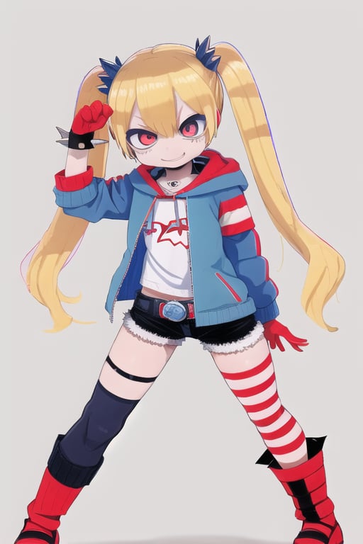 (1girl), blonde hair, blue and red colored twin tails, shorts, baseball jersey, hoody, torn clothes, gloves, jewelry, shorts, bracelets, fishnets, spikes, colorful clothes, belts, (Harley Quinn), skinny, smiling angry