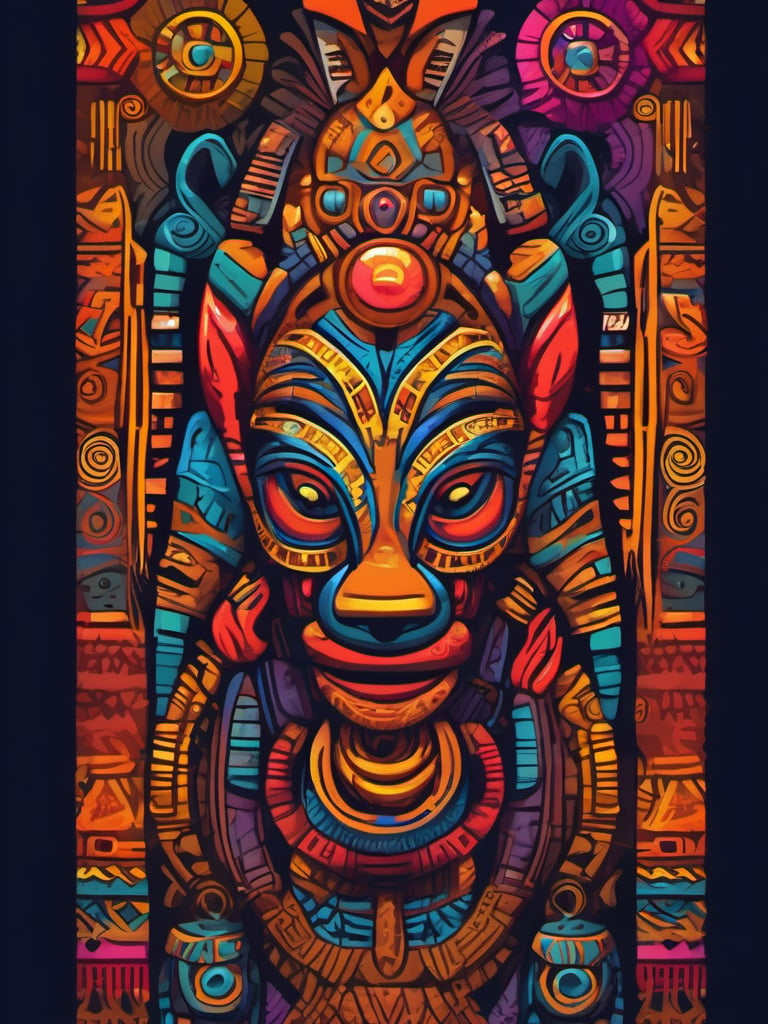 A symble of African totem, wierd (anmial), magical creature, ((tribal art)), ((folklore)), vibrant colour, intricately detailed, the design incorporates geometric patterns and (bold linework) to create a striking and powerful composition, dark background, 8k,screen photo of iphone, (no central symmetry), high_res, masterpiece