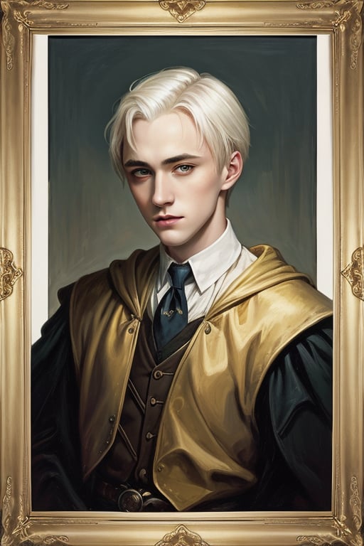 masterpiece, (Draco Malfoy), white hair, young man, best quality, oil painting style, golden frame