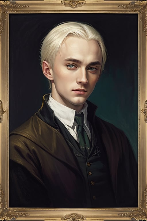 masterpiece, (Draco Malfoy), white hair, young man, best quality, oil painting style, golden frame