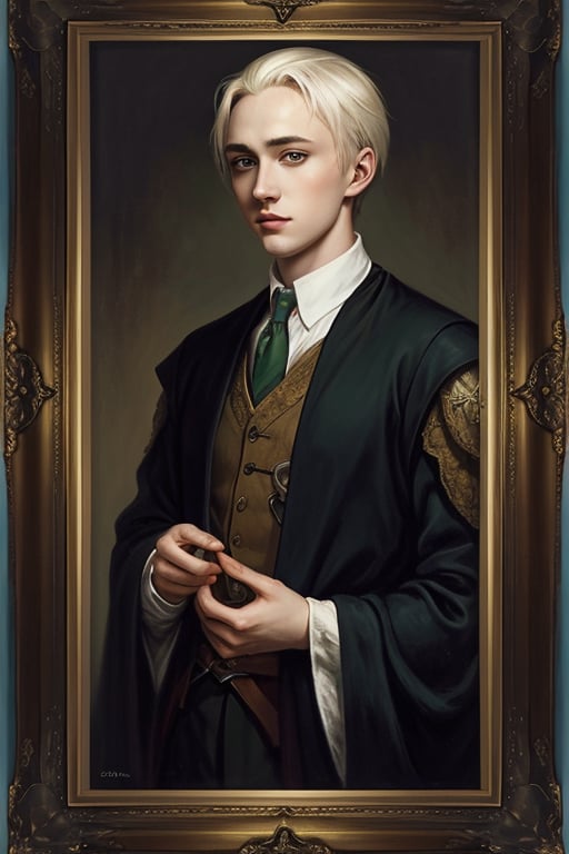 masterpiece, (Draco Malfoy), white hair, young man, best quality, oil painting style, golden frame