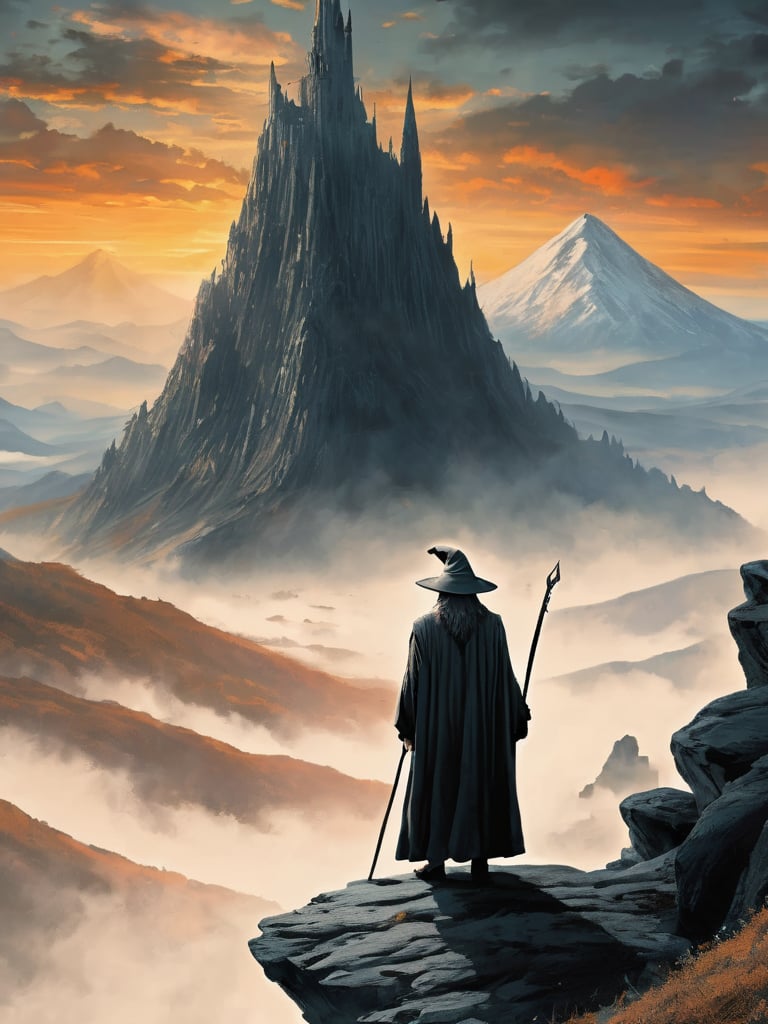 (Gandalf grey robe stands on the edge of a cliff in the foreground, with a wide wizard hat, Bilbo Baggins stands next to him), epic scene, irregular mountain range, 80s poster, Vintage poster, clouds, (dawn), (huge army under the mountain), ((Lord of the Rings)) movie, ultra-high definition, cinematic quality, masterpiece, high_res, extremely detailed, (bright), (behind the mountain the sky is gloomy where is Dark Tower of Sauron)