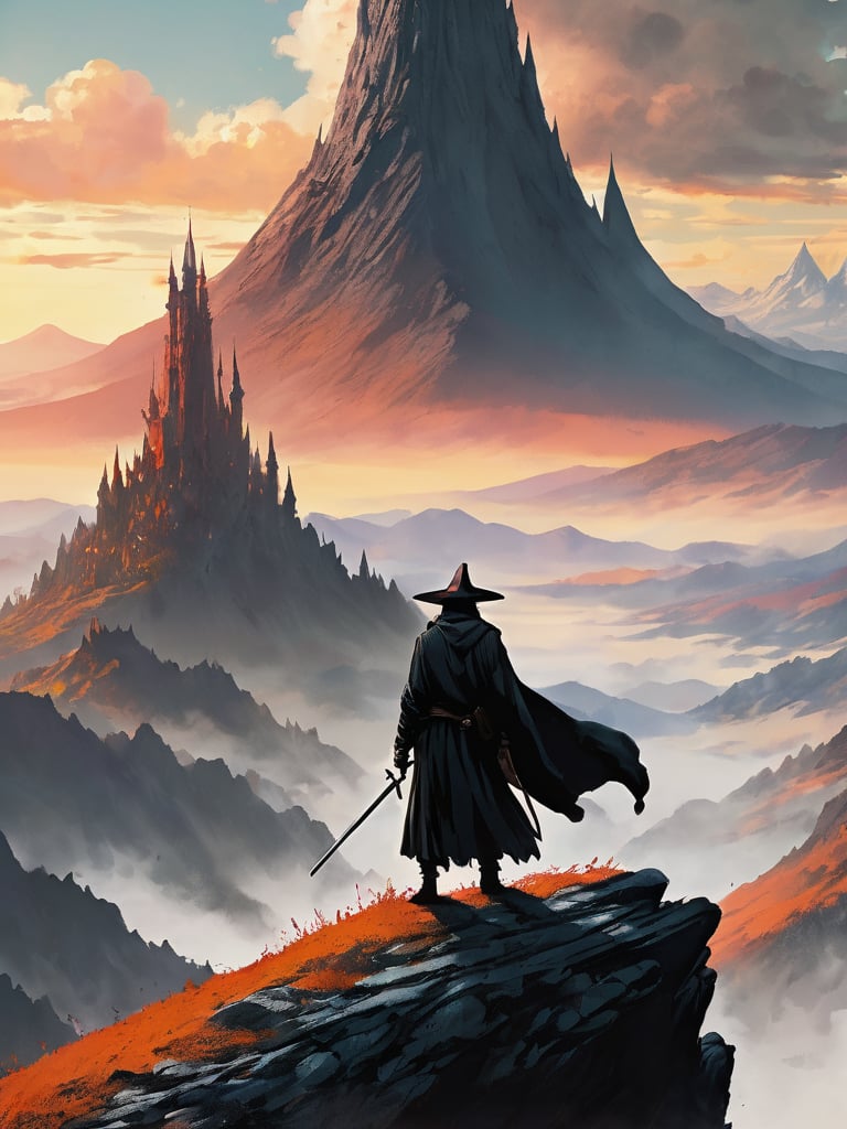 In the foreground of the image, a wizard in a grey robe stands on the edge of a cliff, with a wide wizard hat, next to him stands a short hobbit with curly red hair, epic scene, irregular mountain range, 80s poster, Vintage poster, clouds, (dawn), (huge army under the mountain), ((Lord of the Rings)) movie, ultra-high definition, cinematic quality, masterpiece, high_res, extremely detailed, (bright), (behind the mountain the sky is gloomy where is Dark Tower of Sauron)