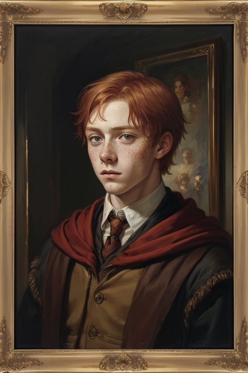 masterpiece, Ronald Weasley, red hair, freckles, young man, best quality, oil painting style, golden frame