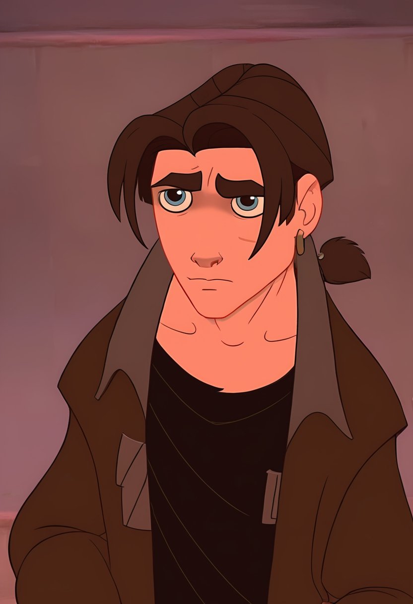 A cartoon image of HawkJim, brown jacket, black shirt, neutral expression, looking at viewer, natural colors ,HawkJim