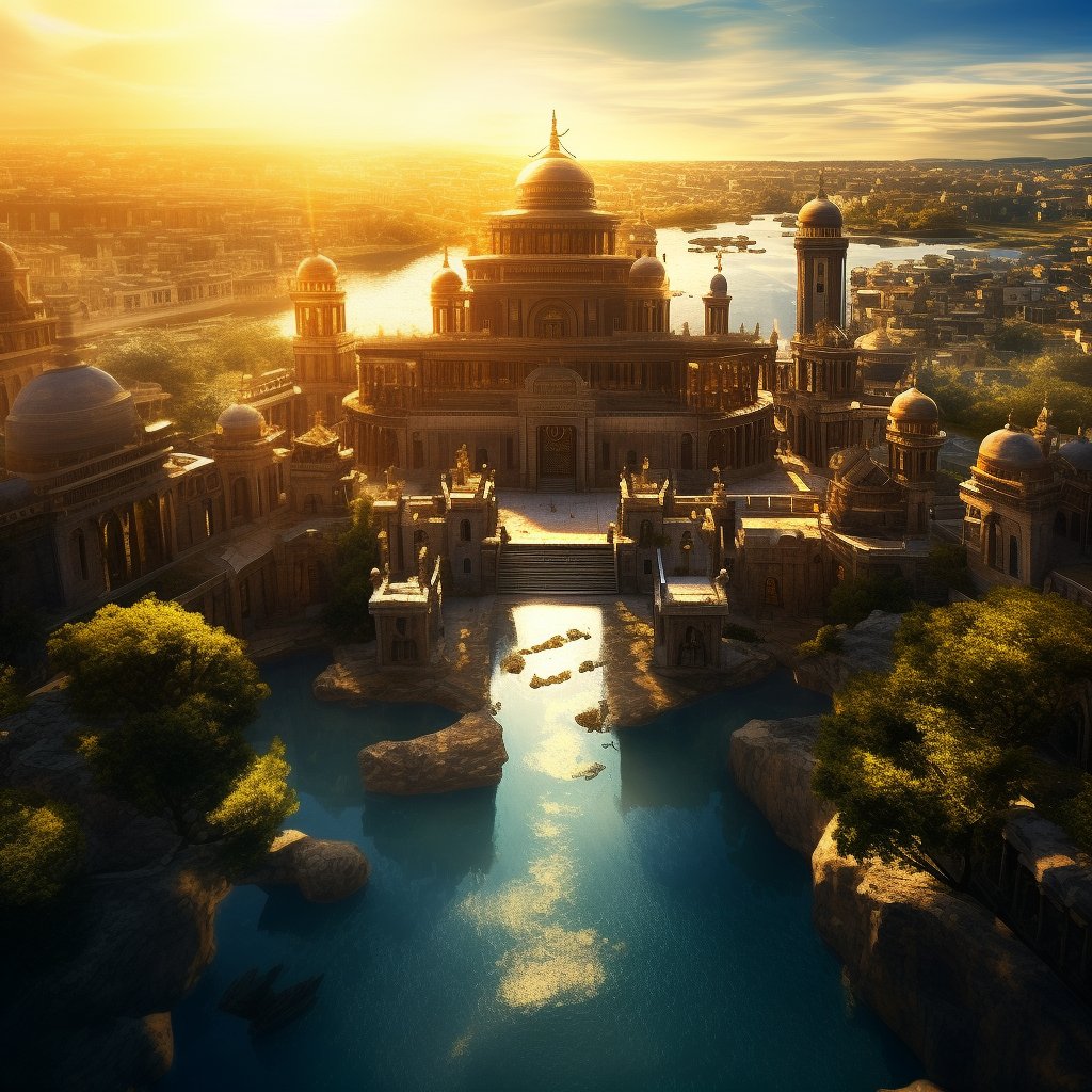 Bright scene, aerial view,ancient city, fantasy, gorgeous light, mirror reflection, high detail, wide angle lens.