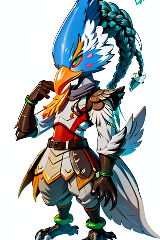 dfij, chibi, male focus, ((anthro avian bird)), (sharp-beak:1.2), ((winged-arms)), green eyes, bird tail, braid, armor, claws, blue scarf, feathers, anklet, bird legs, fullbody,dfij,cls_chibi