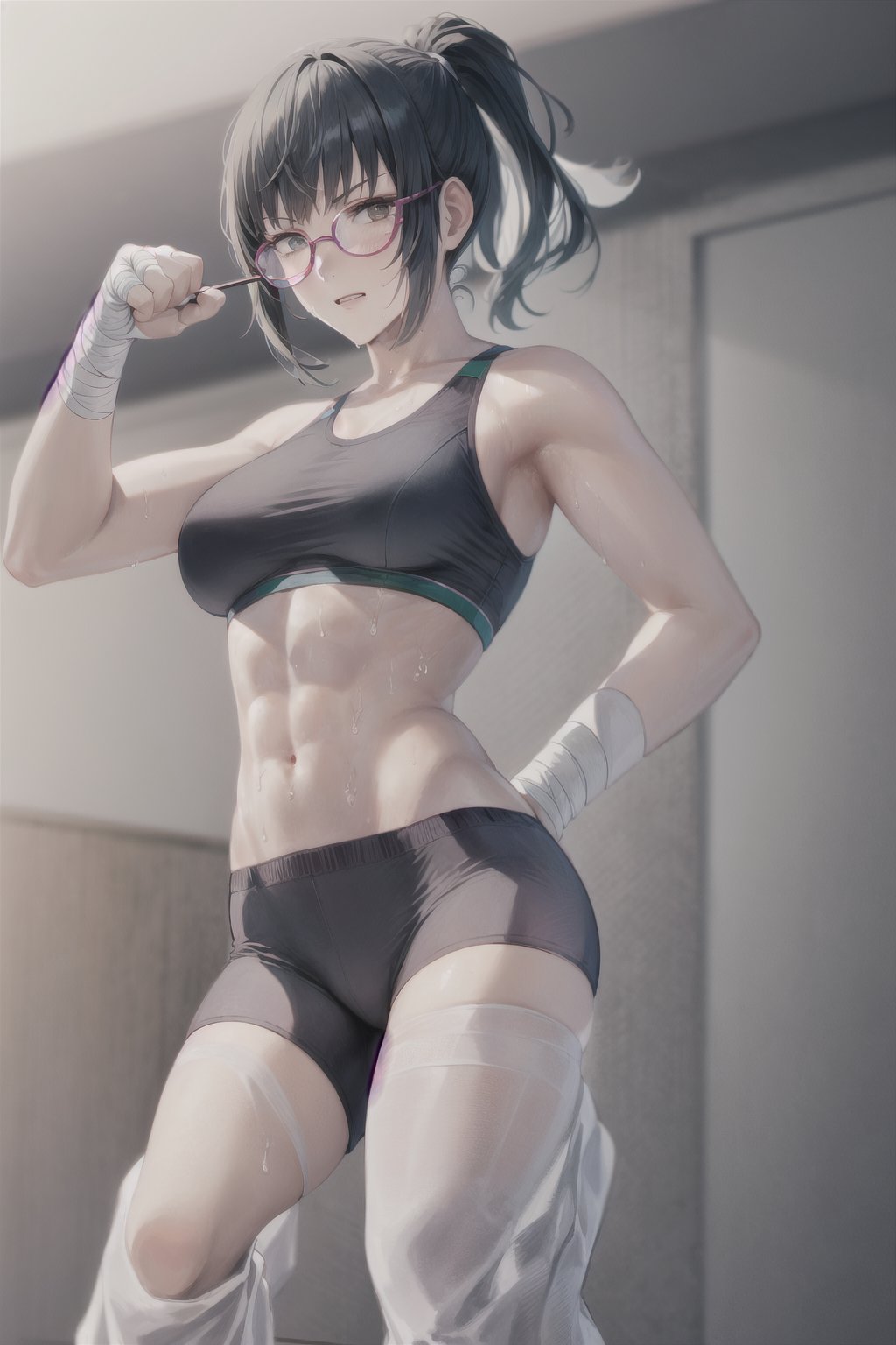 Zenin_Maki, 1girl, solo, looking_at_viewer, navel, medium_breasts, cowboy_shot, sweat, glasses, midriff, pants, hand_on_hip, muscular, bandages, abs, clenched_hand, toned, sports_bra, bandaged_arm, round_eyewear, muscular_female, punching, bandaged_hand