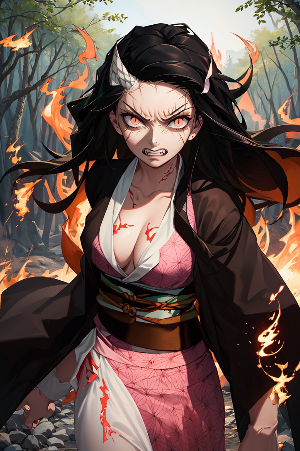 Kamado_Nezuko, 1girl, solo, looking_at_viewer, teeth, orange_hair, slit_pupils, clenched_teeth, angry, veins, asa_no_ha_\(pattern\), checkered_sash, fire, forest