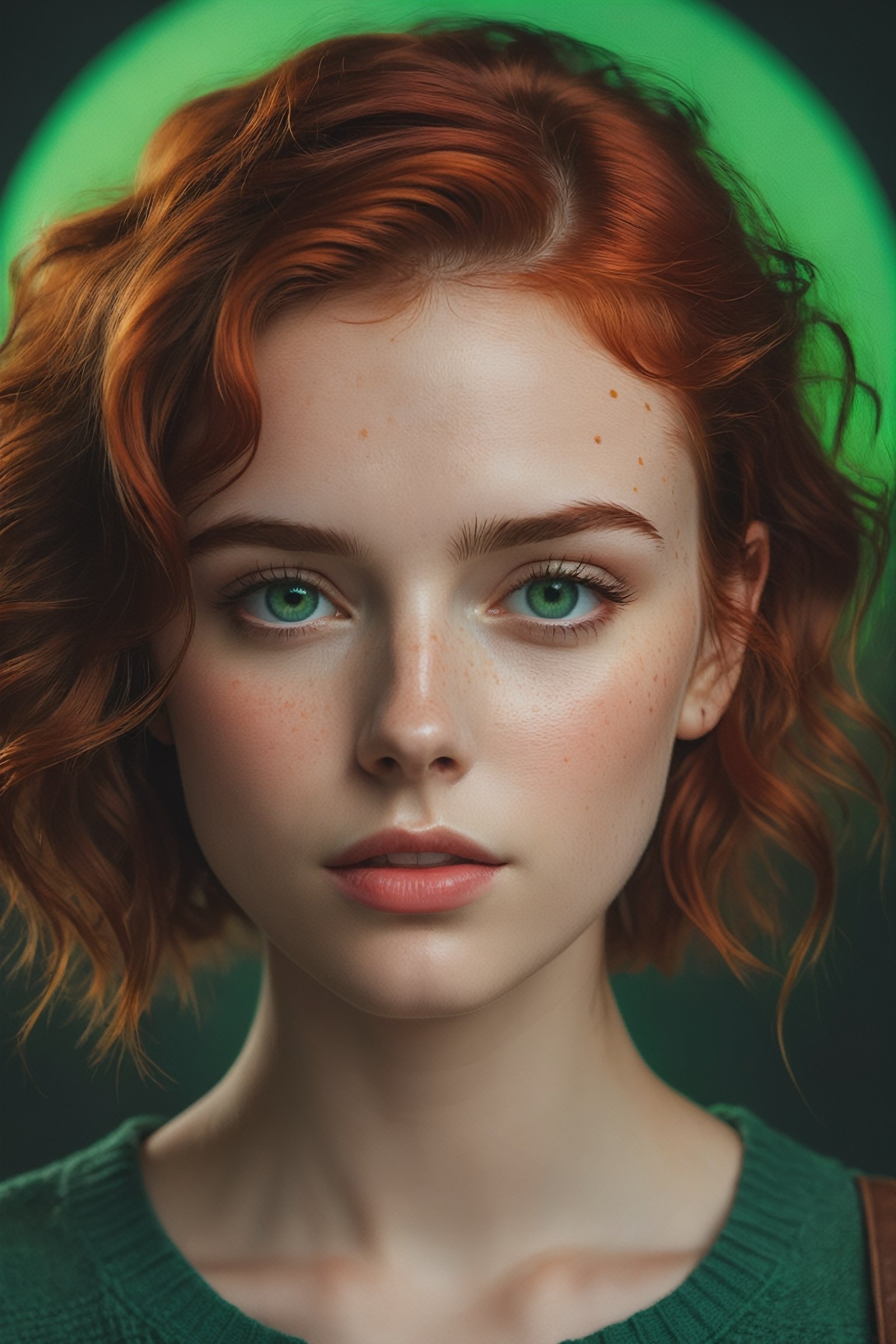 raw realistic potarait of beautiful girlA short, petite frame. Hair so red and wavy falling just past her shoulders, surrounding a circular face with softness, light freckles on her nose, naturally arched red eyebrows over bright green eyes that looked almost blue in some lights., indoor background grainy cinematic, godlyphoto r3al,detailmaster2,aesthetic portrait, cinematic colors, earthy , moody, look , grainy cinematic, fantasy vibes godlyphoto r3al,detailmaster2,aesthetic portrait, cinematic colors, earthy 