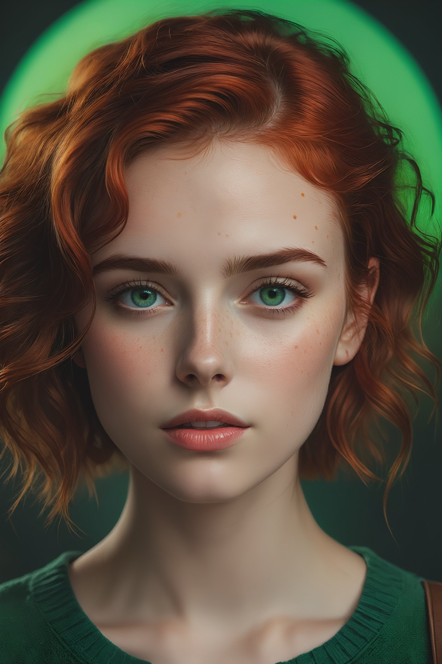 raw realistic potarait of beautiful girlA short, petite frame. Hair so red and wavy falling just past her shoulders, surrounding a circular face with softness, light freckles on her nose, naturally arched red eyebrows over bright green eyes that looked almost blue in some lights., indoor background grainy cinematic, godlyphoto r3al,detailmaster2,aesthetic portrait, cinematic colors, earthy , moody, look , grainy cinematic, fantasy vibes godlyphoto r3al,detailmaster2,aesthetic portrait, cinematic colors, earthy 