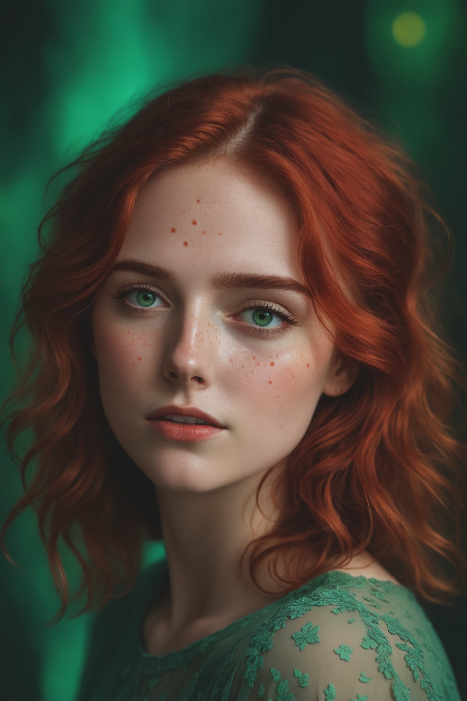 raw realistic potarait of beautiful girlA short, petite frame. Hair so red and wavy falling just past her shoulders, surrounding a circular face with softness, light freckles on her nose, naturally arched red eyebrows over bright green eyes that looked almost blue in some lights., indoor background grainy cinematic, godlyphoto r3al,detailmaster2,aesthetic portrait, cinematic colors, earthy , moody, look , grainy cinematic, fantasy vibes godlyphoto r3al,detailmaster2,aesthetic portrait, cinematic colors, earthy 