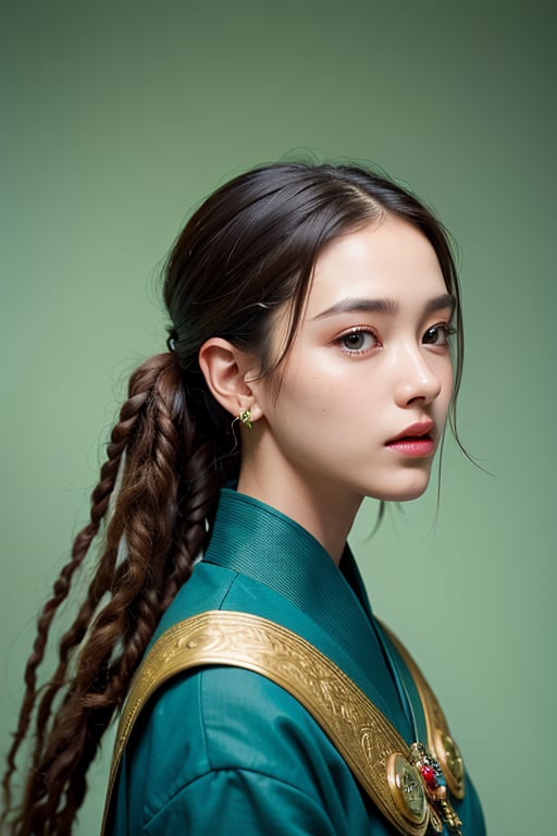 Protrait, photograph, androgynous hunnuman, oval jaw, delicate features, beautiful face, dreadlocked hair, long bangs, long ponytail, bright blue-green eyes, hindu art, Korean