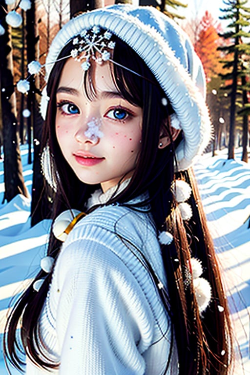 a lovely painting of a girl in the forest with light snow falling, long hair, beautiful eyes, pure face