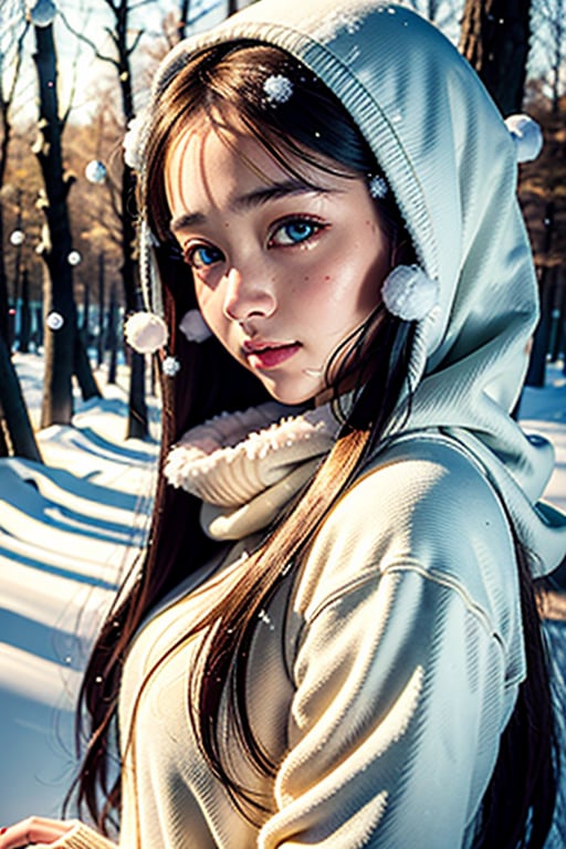 a lovely painting of a girl in the forest with light snow falling, long hair, beautiful eyes, pure face