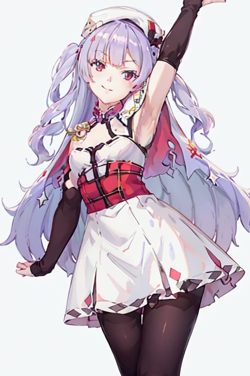 ajax, Light purple hair,red eyes,two_side_up,long hair,hairclip,white beret,sleeveless blouse,red high waist skirt,black armcover,black pantyhose,white capelet,loafers,white shirt, 