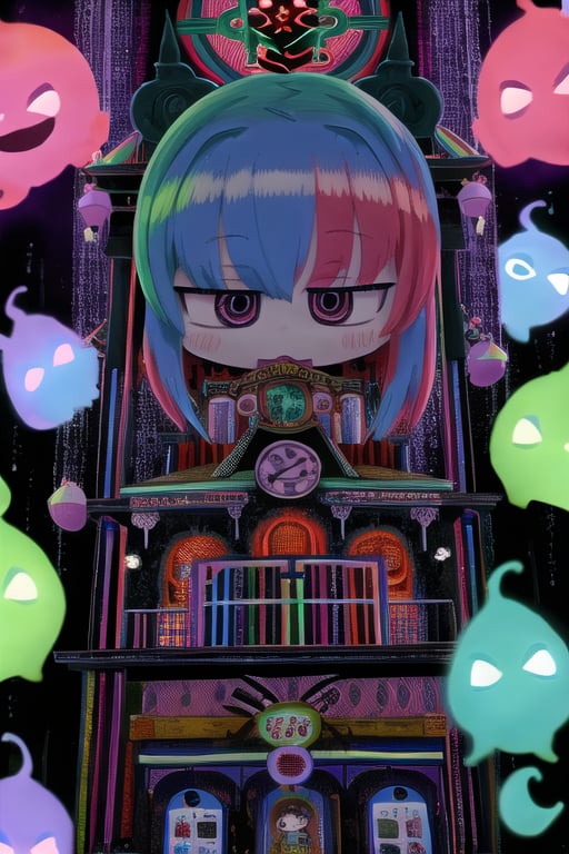 multicolored hair, haunted theme park, haunted by chibi ghosts, cute, whimsical, glow, glowing, fun, silly, mystical