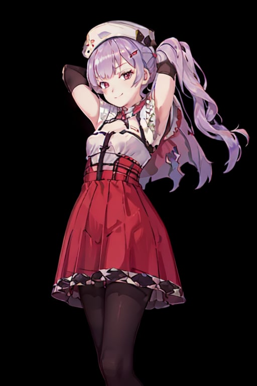 ajax, Light purple hair,red eyes,two_side_up,long hair,hairclip,white beret,sleeveless blouse,red high waist skirt,black armcover,black pantyhose,white capelet,loafers,white shirt, 