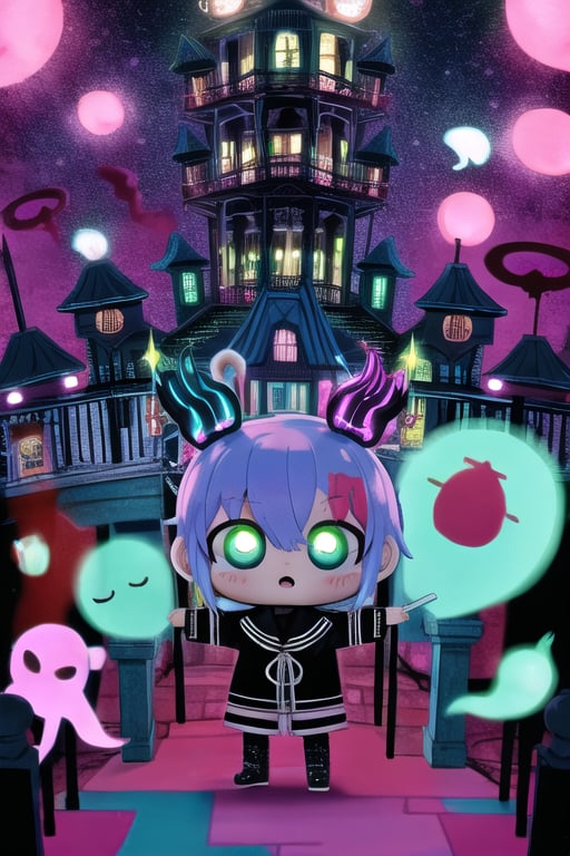 multicolored hair, haunted theme park, haunted by chibi ghosts, cute, whimsical, glow, glowing, fun, silly, mystical