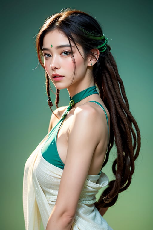 Protrait, photograph, androgynous hunnuman, oval jaw, delicate features, beautiful face, dreadlocked hair, long bangs, long ponytail, bright blue-green eyes, hindu art, Korean