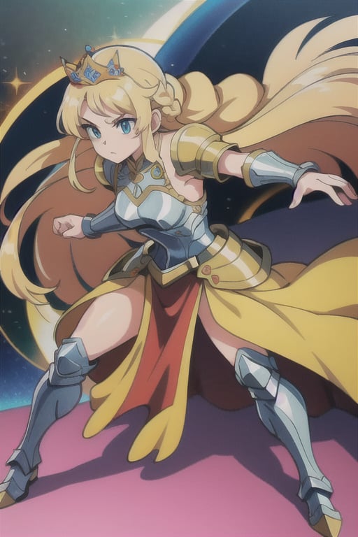 solo, masterpiece, best quality, 1 girl, princess, royalty, long blonde braided hair, metal armored dress, full body, fighting stance, dynamic angle, wing hair ornament