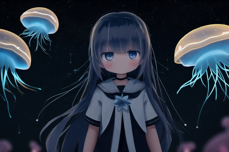 a girl, (glowing stars through the air:1.1), (many glow Jellyfish:1.1), blurry background, bokeh, depth of field, starry skyline, far from city, alone, fearful, hopeless, magic, magical, fantastic, dark hue, haze