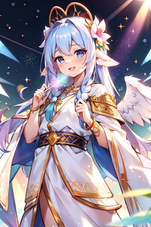 furry,girl,cute,masterpiece, best quality, 1 male, adult, tall muscular, handsome, pastel color long hair, fantasy, complex pattern, detailed face, angel wings, lens flare, colorful, glow white particles, white robe, gold bracelets and accessories, prism, glowing, glitter, particles, bloom, likes to celebrate and have fun, enjoys nature, bright and optimistic outlook, creative and adventurous spirit, represents happiness and harmony