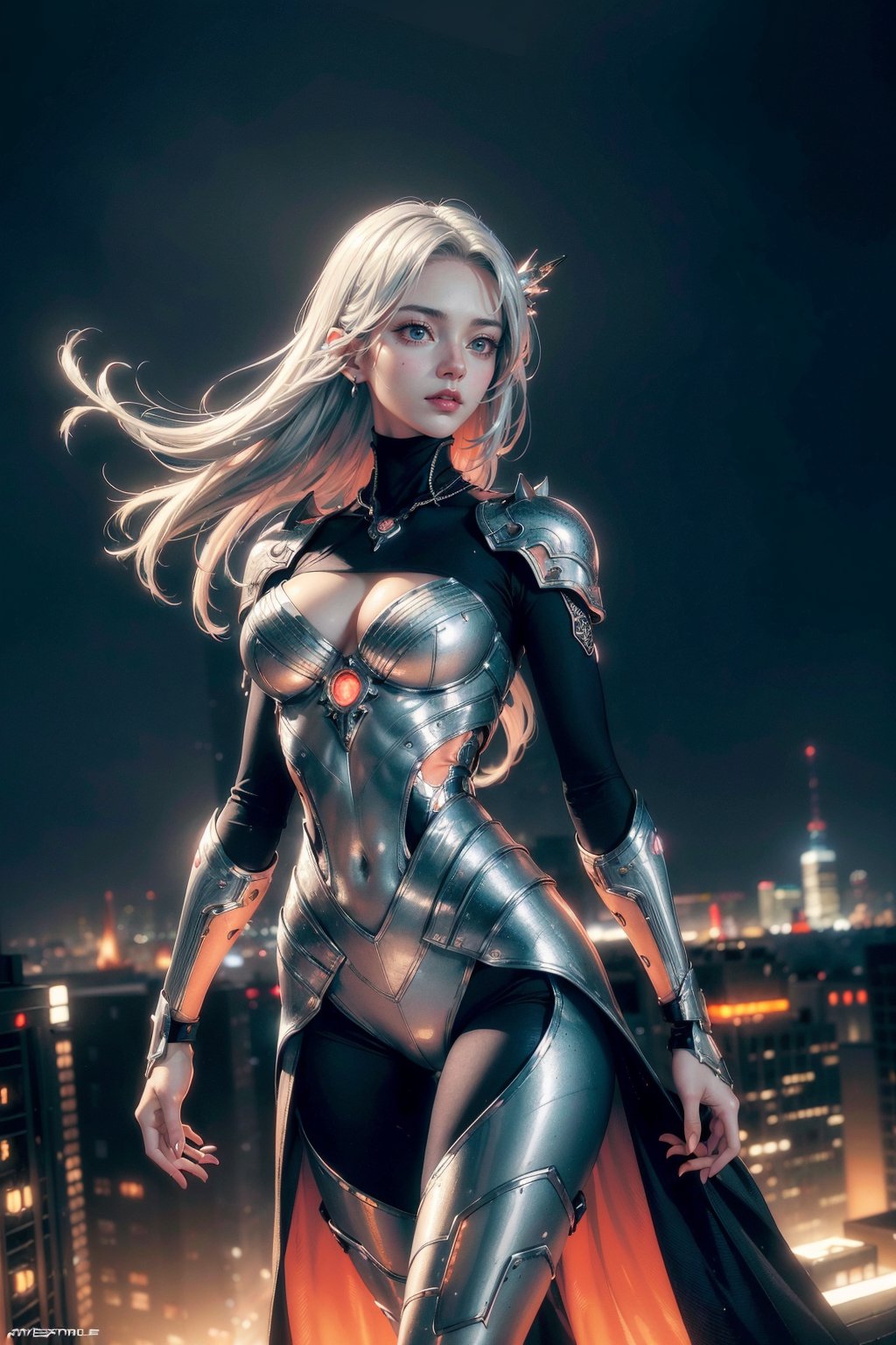 (masterpiece:1.2, best quality:1.2, beautiful, high quality, highres:1.1, aesthetic), detailed, extremely detailed, cowboy shot, ambient soft lighting, perfect eyes, perfect face, 1girl, long hair, hair ornament, normal breasts, silver cybernetic, silver cybernetic_enhancements, silver cybernetic amor, spikes amor shoulder, looking at the viewer, above view, top view, slim body, futuristic cities, sexy pose, erotic pose, full_body, silver, night time,exposure blend, medium shot, bokeh, (hdr:1.4), high contrast, (cinematic, teal and orange:0.85), (muted colors, dim colors, soothing tones:1.3), low saturation, (hyperdetailed:1.2), (noir:0.4)