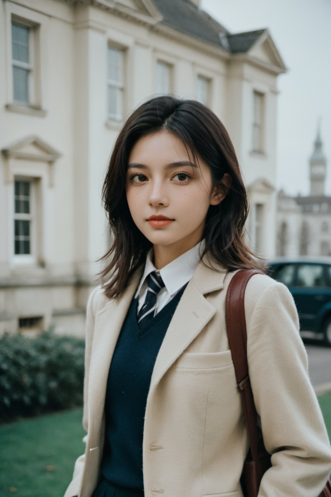 xxmix_girl,portrait of a woman School uniforms for British students,polaroid,film, graininess,smile,cold