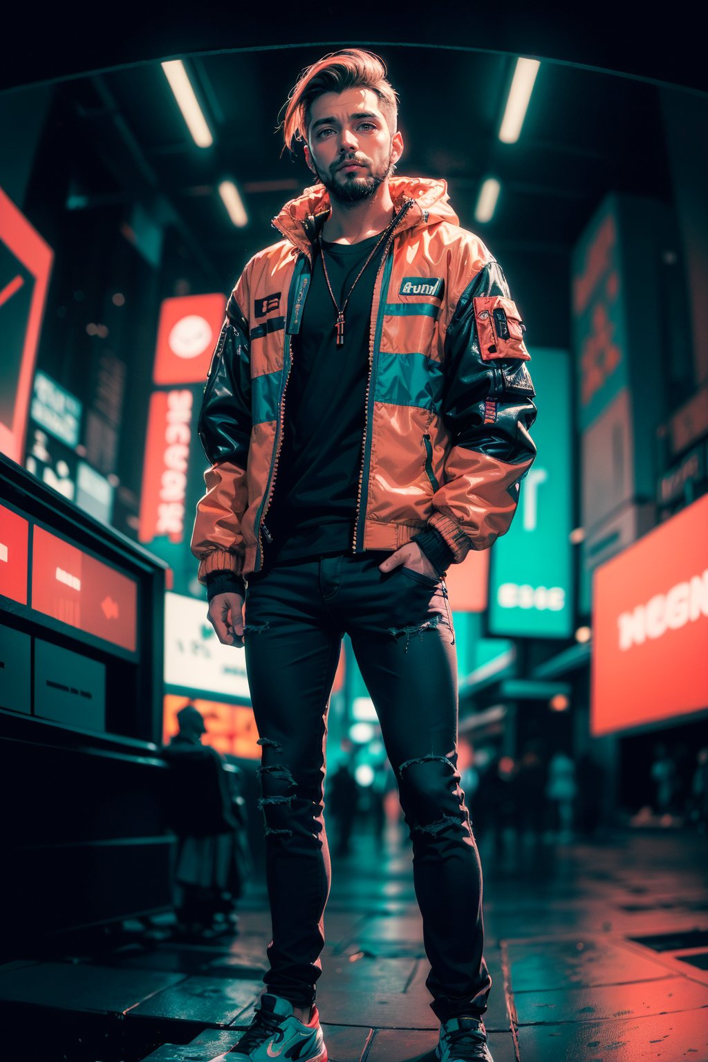 (masterpiece, best quality), 1boy, muscular, beard, cyberpunk, (blurry, bokeh, fisheye lens), night, looking at viewer, contrast, contrapposto, neon oversized jacket,exposure blend, medium shot, bokeh, (hdr:1.4), high contrast, (cinematic, teal and orange:0.85), (muted colors, dim colors, soothing tones:1.3), low saturation,