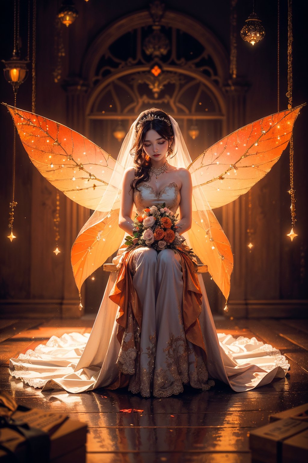 Story, bride posing under a fairy tale, elaborate scene style, glitter, orange, realistic style, 8k,exposure blend, medium shot, bokeh, (hdr:1.4), high contrast, (cinematic, orange and white film), (muted colors, dim colors, soothing tones:1.3), low saturation, (hyperdetailed:1.2), (noir:0.4)