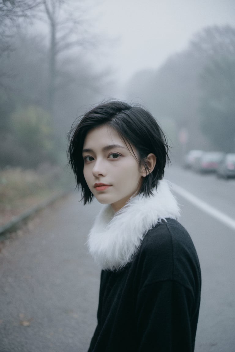 xxmix_girl,portrait of 1girl,smile,fluffy short hair,dark theme,white hair,messy hair,film grain,fog,black thememTyndall