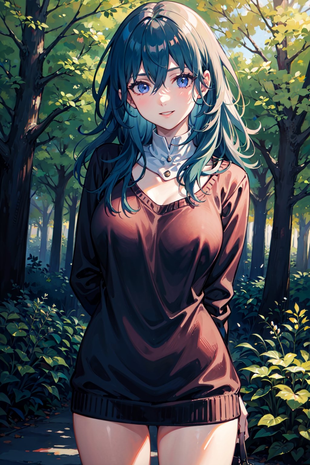 byleth ,1girl, solo, blue hair, blue eyes, hair between eyes, sweater_Dress, thighs, turtleneck sweater, long sleeves,   standing  forest, trees, smile, facing viewer, arms behind back, 