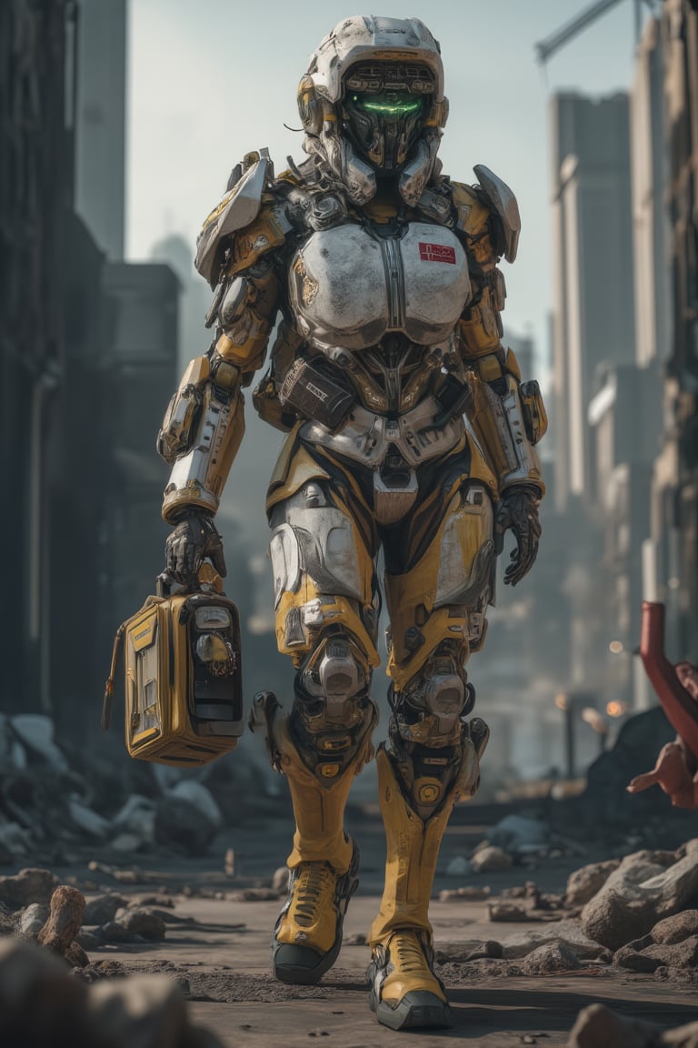 "A tense 8K image of a cyborg female warrior navigating a decimated urban landscape during a viral outbreak, her
cybernetic left arm equipped with advanced medical scanning devices and quarantine protocols. She wears a hazmat
suit and carries an emergency medical kit in her organic right hand,Cyborg style 