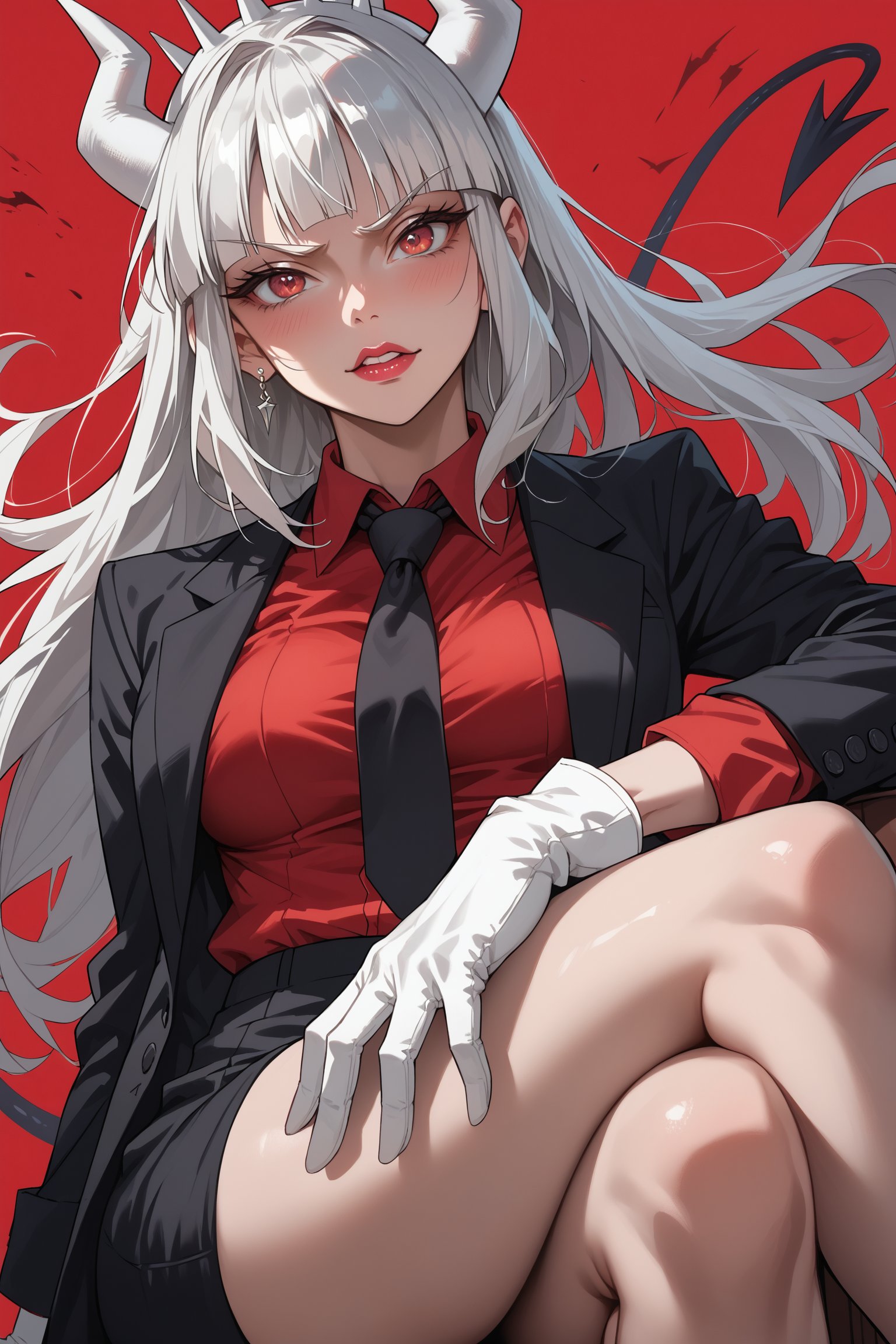 score_9, ,score_8_up,score_7_up,score_6_up, lucifer \(helltaker\), 1girl, black necktie, black suit, crossed legs, demon girl, demon horns, gloves, horns, long hair, mole, mole under eye, necktie, red background, red eyes, red shirt, shirt, solo, suit, white gloves, white hair, white horns