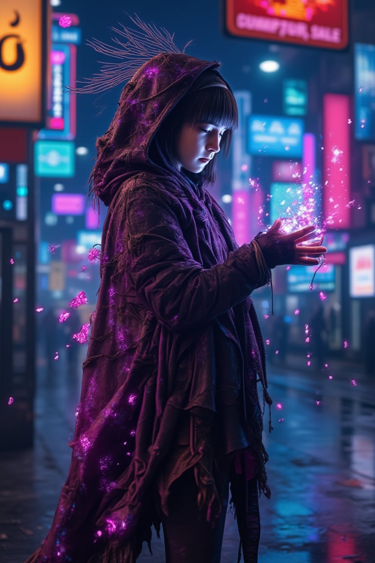 dystopian future city 2047,  a Necro-Hacker female with spectral data trailing from her fingertips. Her high tech cloak is tattered and covered in glitching, digital symbols. Her gleaming eyes flicker with data streams as she manipulates digital glitches in the air. The background is a futuristic neon-lit street, with glitchy figures flickering in the shadows, a significant symbol of inner peace in a fast-moving world. Non-representational, vibrant colors and shapes, expression of feelings, imaginative, highly detailed.