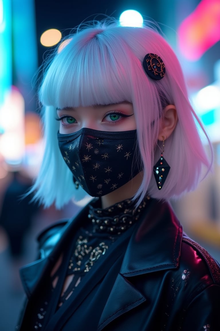 goth girl ,goth_punk, 1girl, solo, medium shot, walking in harajuku, ((night time)), bokeh, neon light, iridescent eyes, starry sky, white shimmer hair, white eyebrow, glowing hair, (iridescent white hair), earrings, bangs, jewelry, mask, blunt bangs, green eyes, mouth mask, blurry background, blurry, hair ornament, looking at viewer, short hair, portrait, sidelocks,