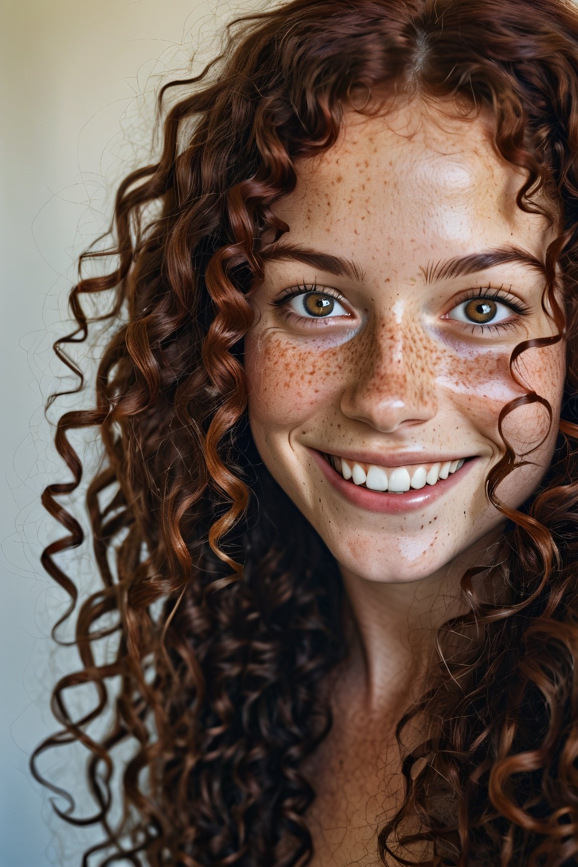 beautiful lady, (freckles), big smile, ruby eyes, long curly hair, dark makeup, hyperdetailed photography, soft light, head and shoulders portrait, cover