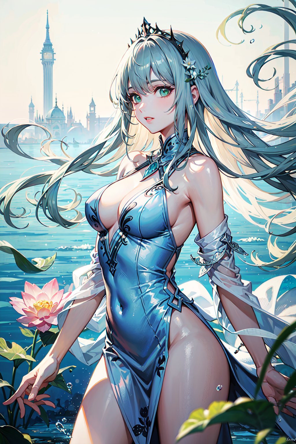 (magnificent masterpiece),best quality,ultra-detailed,extremely realistic, stunning and mysterious lady of the lake, floating in the crystal clear water, surrounded by mist and delicate lotus flowers, long hair flowing in the gentle breeze, (1 beautiful woman), (green eyes, silver hair: 1.3), ethereal white dress, water dripping from white hands, mystical light, subtle refraction, tranquil atmosphere, watercolor painting