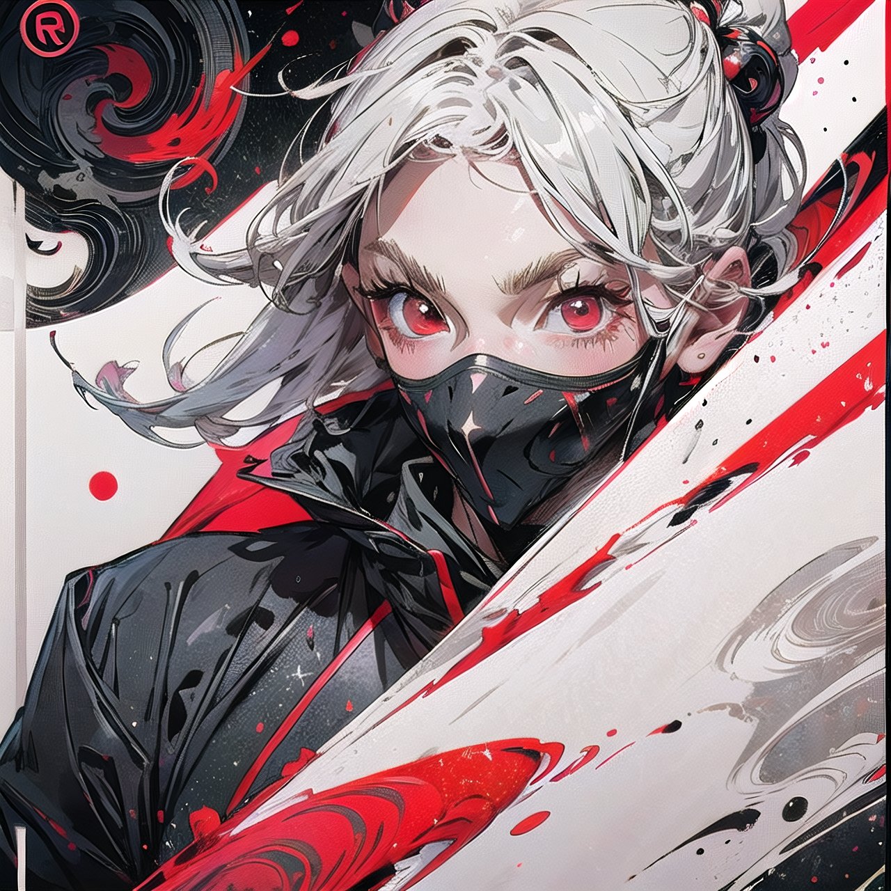 Ultra-rare card style, 1 ninja male, solo, bright red eyes, black ninja clothes, fully covered face, glitter silver perimeter, fully red-white glitter background effect, detailed glittering effect, r1ge, aura background, dark,r1ge,sansan33