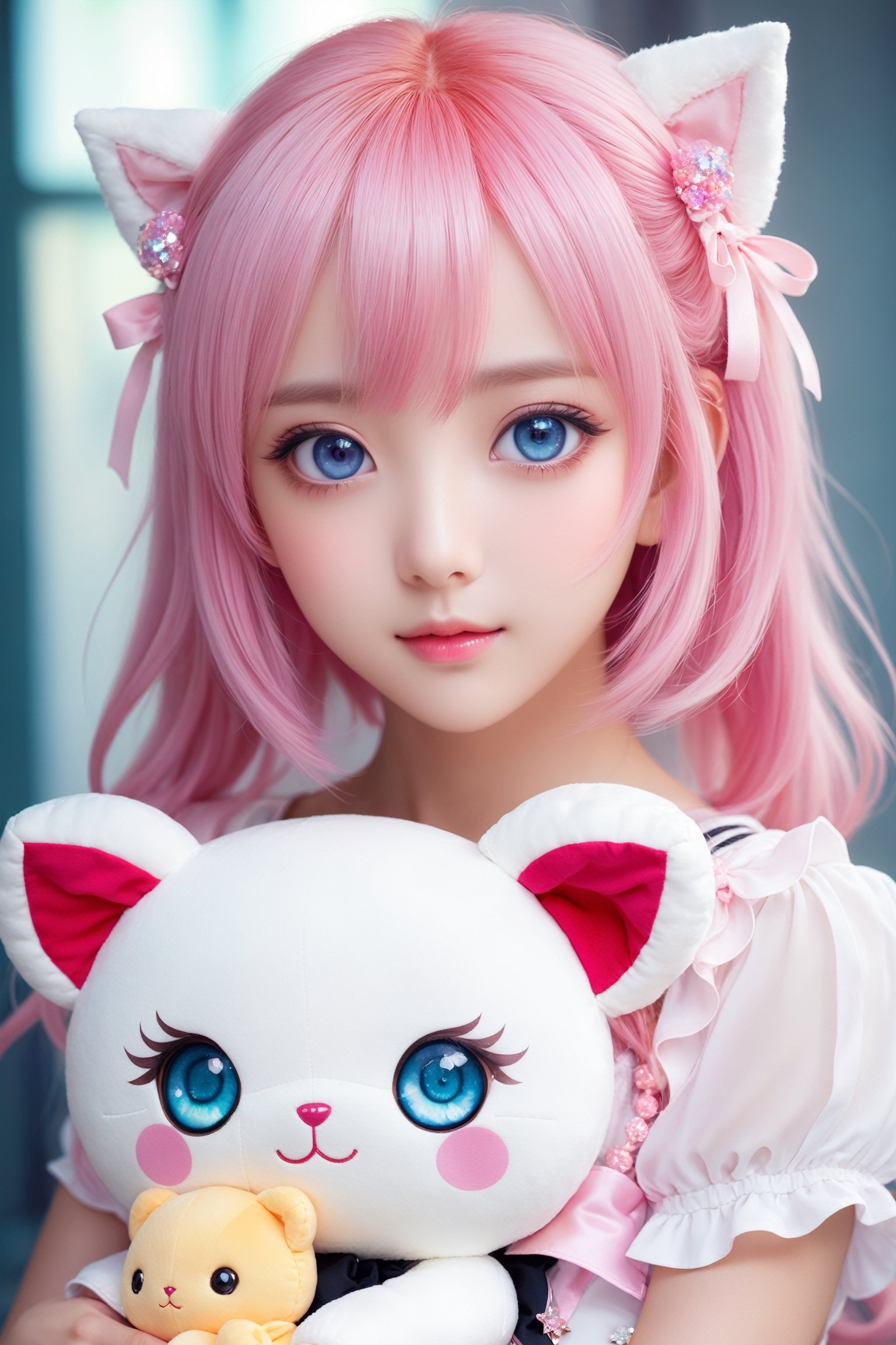 Adorable kawaii anime girl with pink hair, big sparkly eyes, holding a plush toy, pastel colors, soft lighting, by Sakimichan and Nekopara team, digital painting style