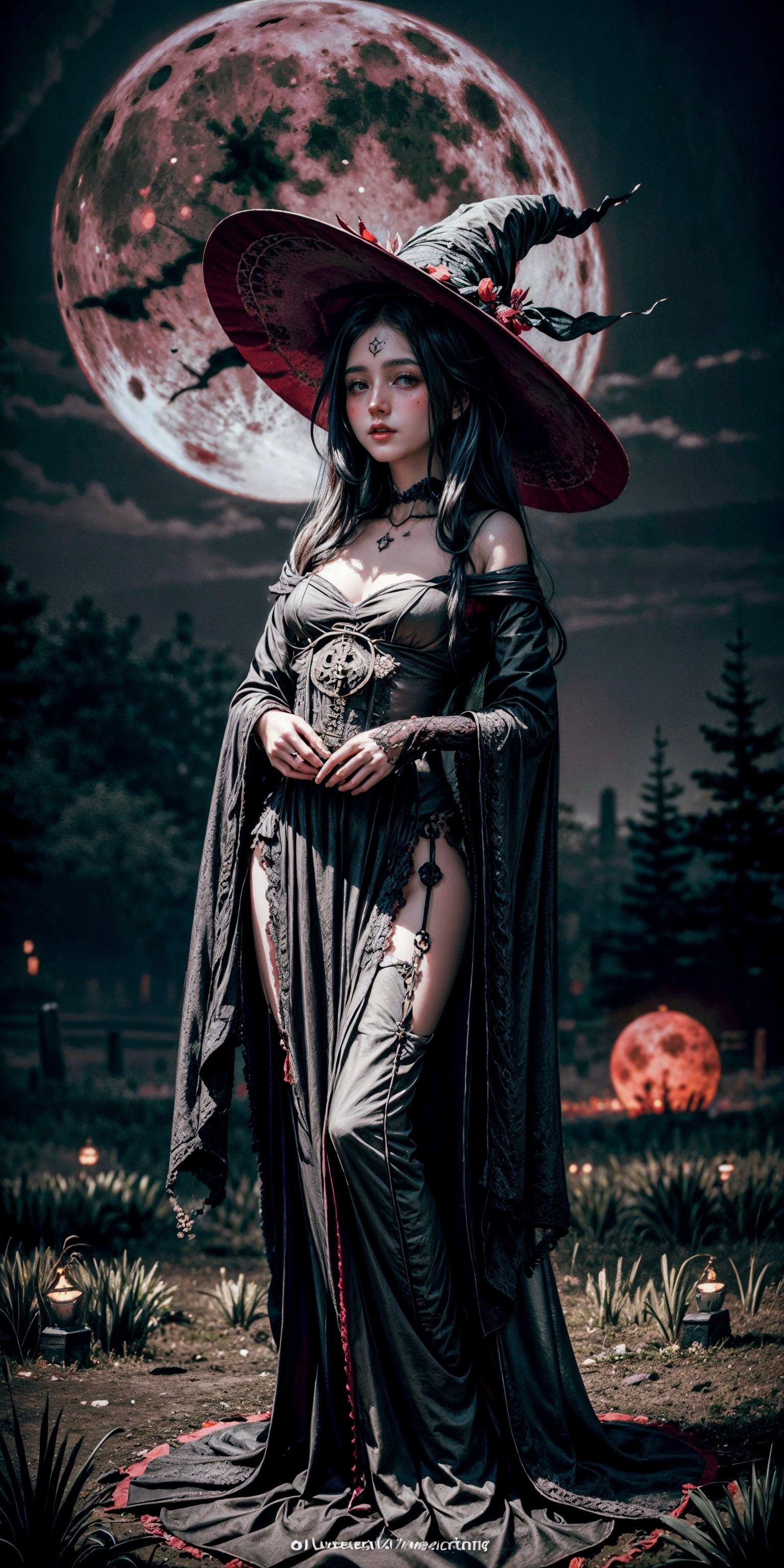 A hauntingly beautiful illustration of a witch standing in a spooky graveyard under a blood-red moon. witch hat, The scene should be cinematic with Jack-o-lantern shining. The witch should be portrayed with fine details and realistic shading. The artwork should be in a high resolution and digitally painted by renowned artists like Luis Royo and Jasmine Becket-Griffith. The overall composition should evoke a sense of mystery and enchantment., no humans,bul4n