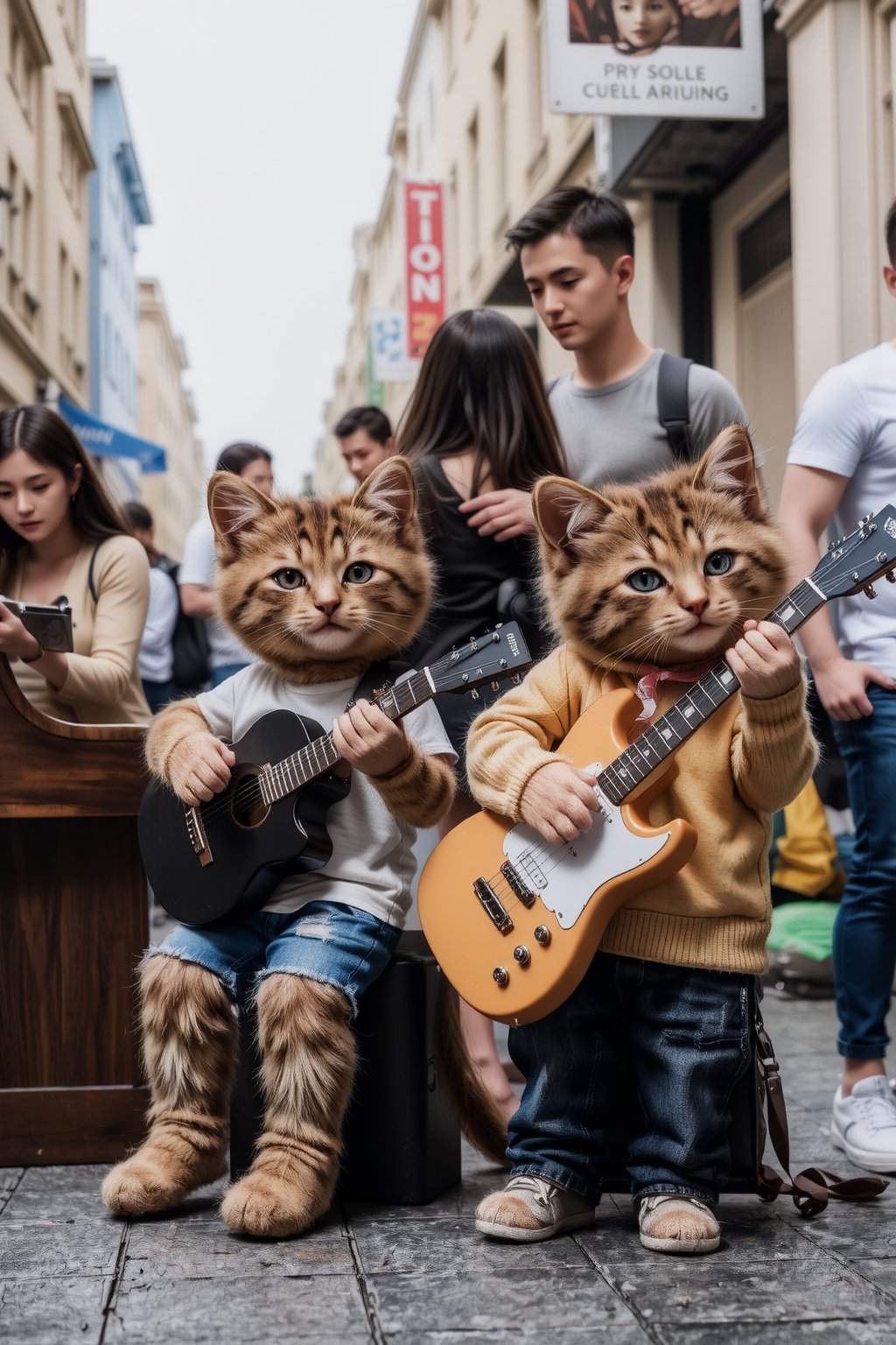 Two kittens, wearing casual clothes,they are playing guitars on a crowded street,one is playing piano,they play the musical instrument as if they were real human, others pass them by,plush doll art,photo by Sony A7R5, shot on 35mm,imitated material --ar 3:4 --s 250