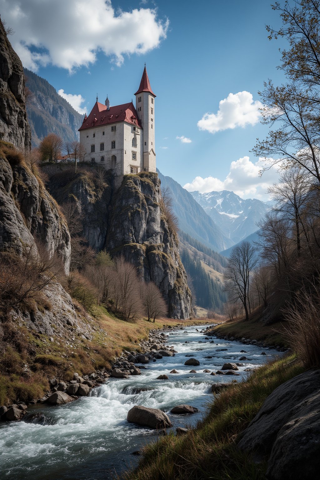 Captured at eye-level on a vibrant day, a majestic castle stands atop a mountain, adorned with a red roof. The castle is situated on a rocky cliff, adding a touch of nature to the scene. To the right of the castle, a stream of water is flowing, creating a peaceful and serene landscape. The sky is a deep blue, dotted with a few white fluffy clouds, adding depth to the composition.